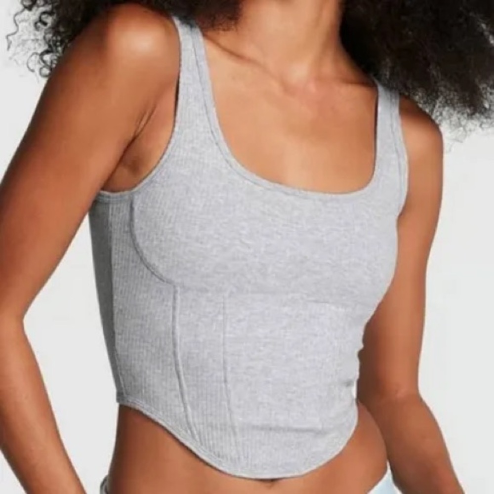 PINK Grey Ribbed Tank Crop Top